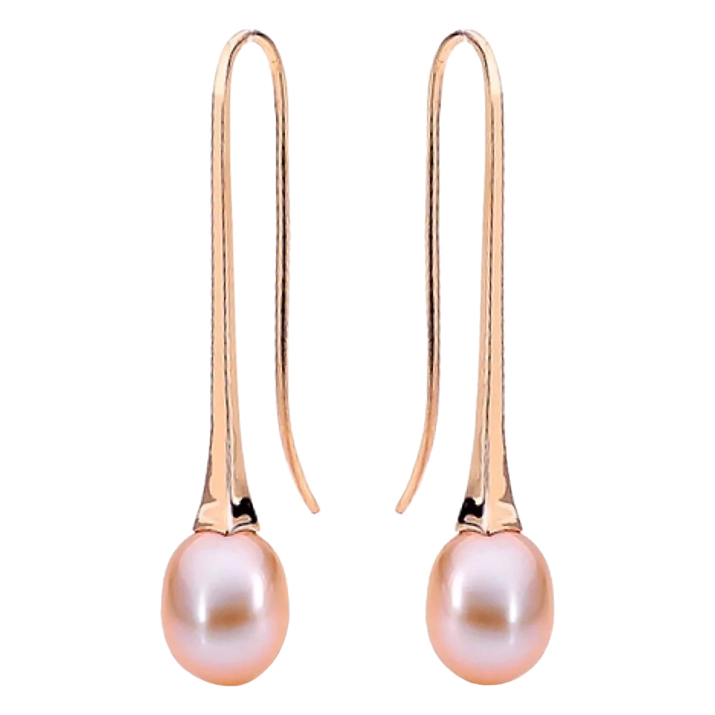 Lange Tropfenohrringe aus 9 Karat Roségold mit rosa natürlichen Süßwasserperlen im Angebot