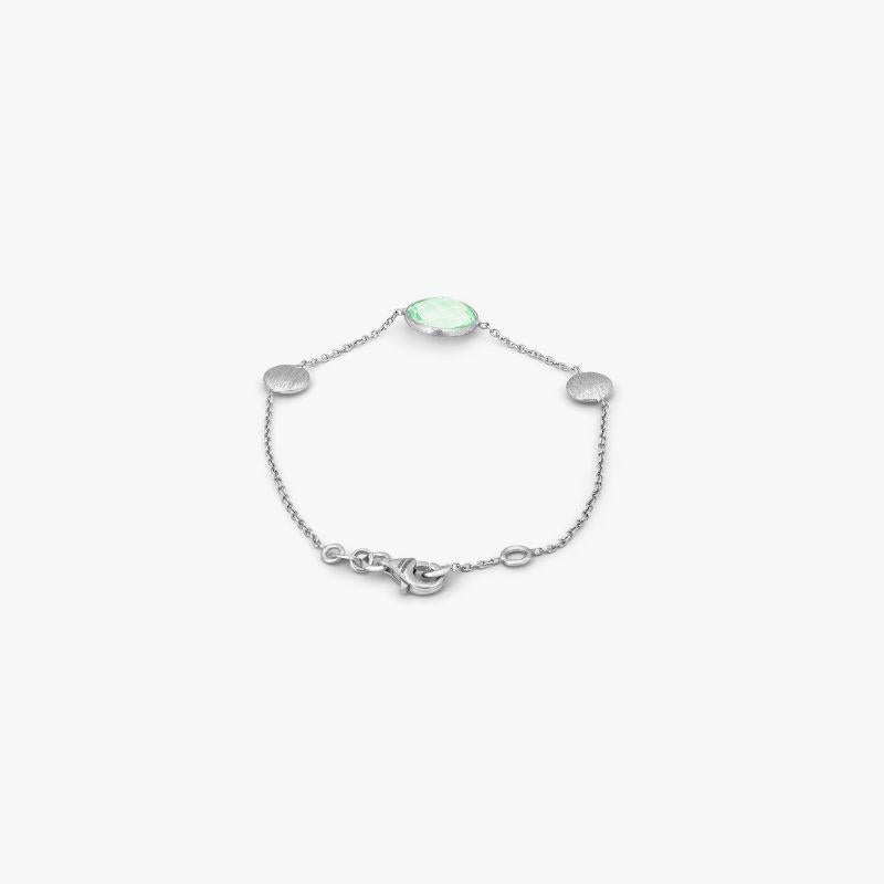 9K satin white gold Kensington bracelet with green amethyst

A delicate chain bracelet made from 9K white gold and set with a solitaire green amethyst stone; finished with a lobster clasp and 1cm extension. As the latest addition to our Kensington