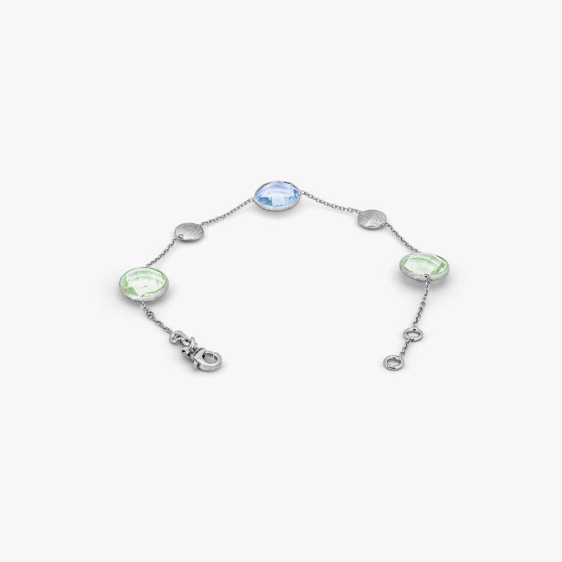 Round Cut 9K Satin White Gold Kensington Bracelet with Topaz and Green Amethyst For Sale