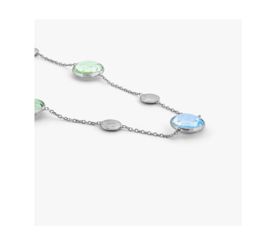 Round Cut 9K Satin White Gold Kensington Chain Necklace with Topaz and Green Amethyst For Sale
