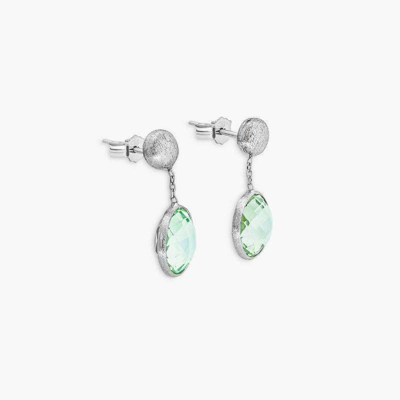 Round Cut 9k Satin White Gold Kensington Drop Earrings with Green Amethyst For Sale