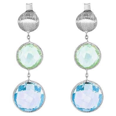 9k Satin White Gold Kensington Drop Earrings with Topaz and Green Amethyst For Sale