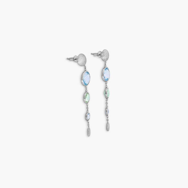 Round Cut 9k Satin White Gold Kensington Long Drop Earrings with Topaz and Green Amethyst For Sale