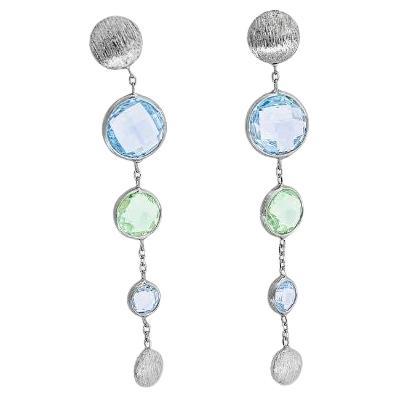 9k Satin White Gold Kensington Long Drop Earrings with Topaz and Green Amethyst For Sale