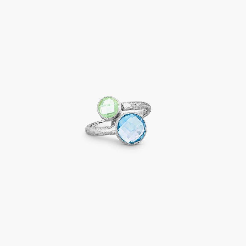 Round Cut 9K Satin White Gold Kensington Ring with Topaz and Green Amethyst For Sale
