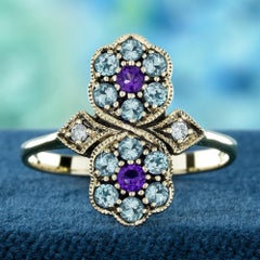 Bague florale de style vintage en or massif 9 carats, sertie d'une améthyste naturelle, d'une topaze bleue et d'un diamant