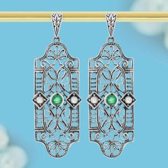 9K Solid Gold Natural Emerald and Pearl Vintage Style Filigree Drop Earrings