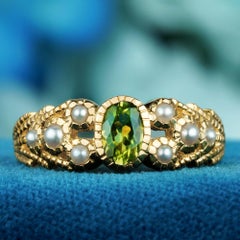 9K Solid Gold Natural Peridot Pearl Vintage Victorian Style Engagement Ring