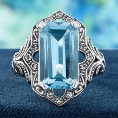 9K Solid GoldBlue Topaz and Diamond Vintage Style Filigree Cocktail Ring