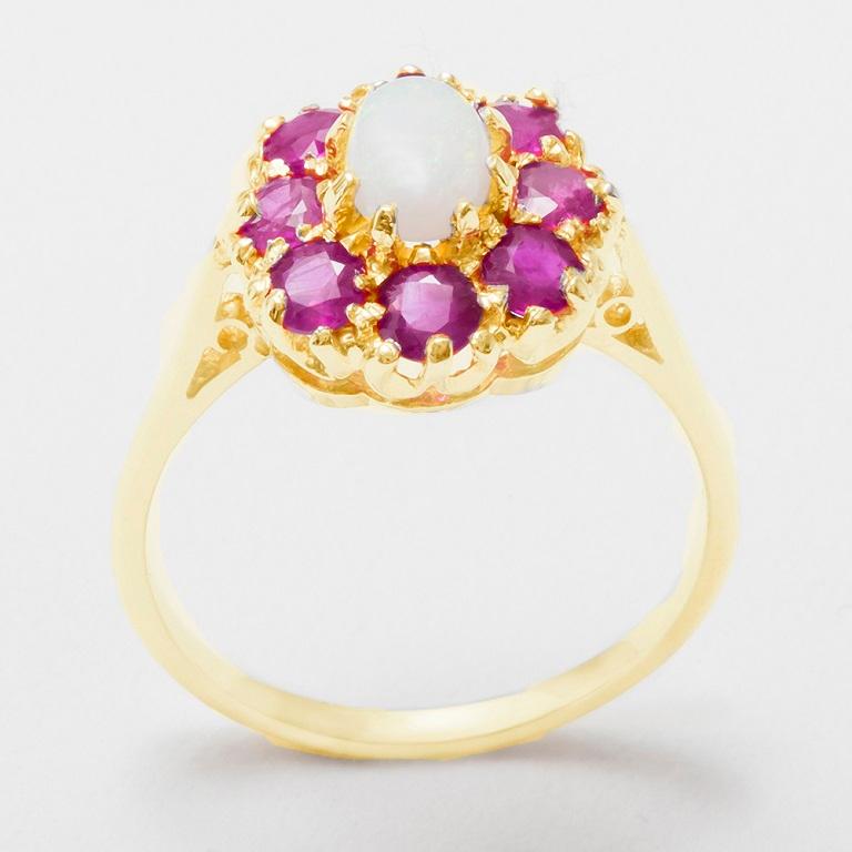En vente :  Bague à fleurs en or jaune massif 9 carats, opale colorée et rubis, personnalisable 2