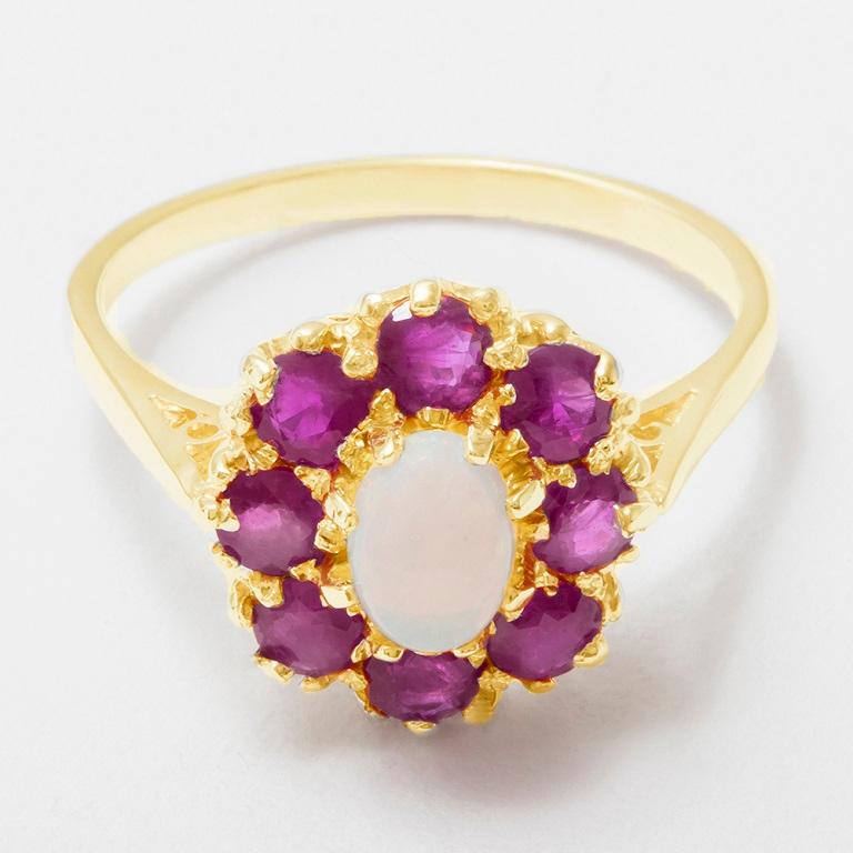 En vente :  Bague à fleurs en or jaune massif 9 carats, opale colorée et rubis, personnalisable 4