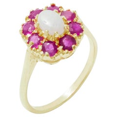 9K Solid Yellow Gold Colorful Opal & Ruby Cluster Flower Ring Customizable