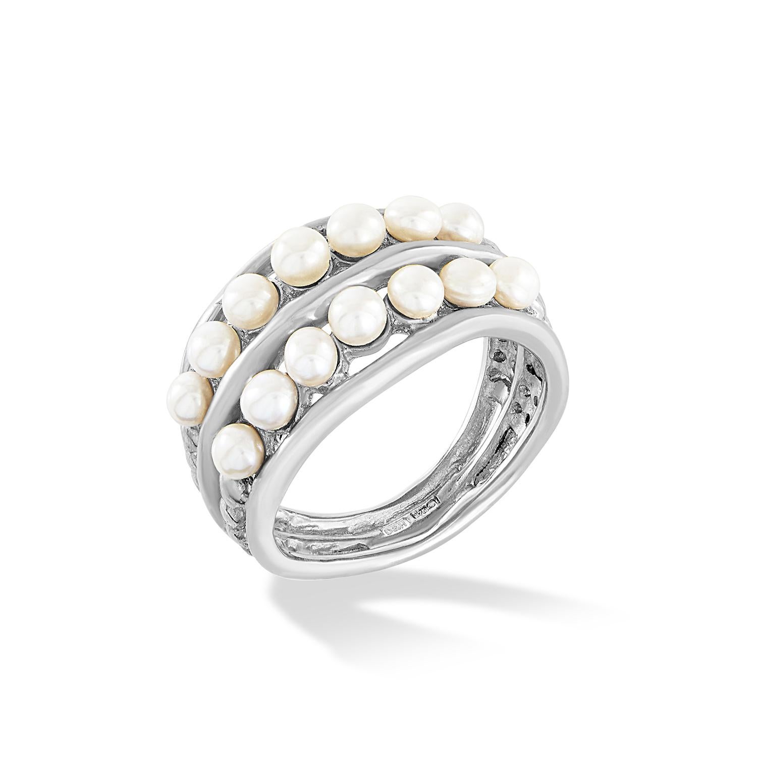 9k White Gold Double Row Pearl Waterfall Ring In New Condition For Sale In London, GB