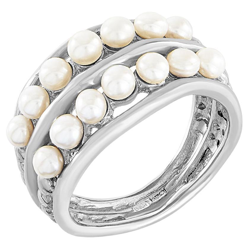 9k White Gold Double Row Pearl Waterfall Ring