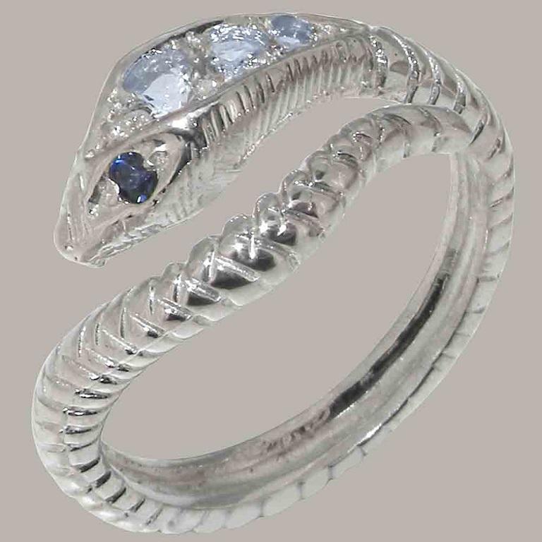 For Sale:  9K White Gold Natural Aquamarine & Sapphire Womens Band Snake Ring Customizable 2