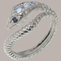 9K White Gold Natural Aquamarine & Sapphire Womens Band Snake Ring Customizable