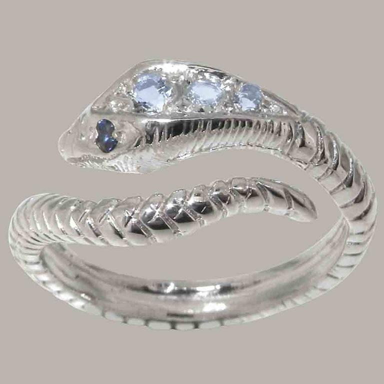 For Sale:  9K White Gold Natural Aquamarine & Sapphire Womens Band Snake Ring Customizable 3