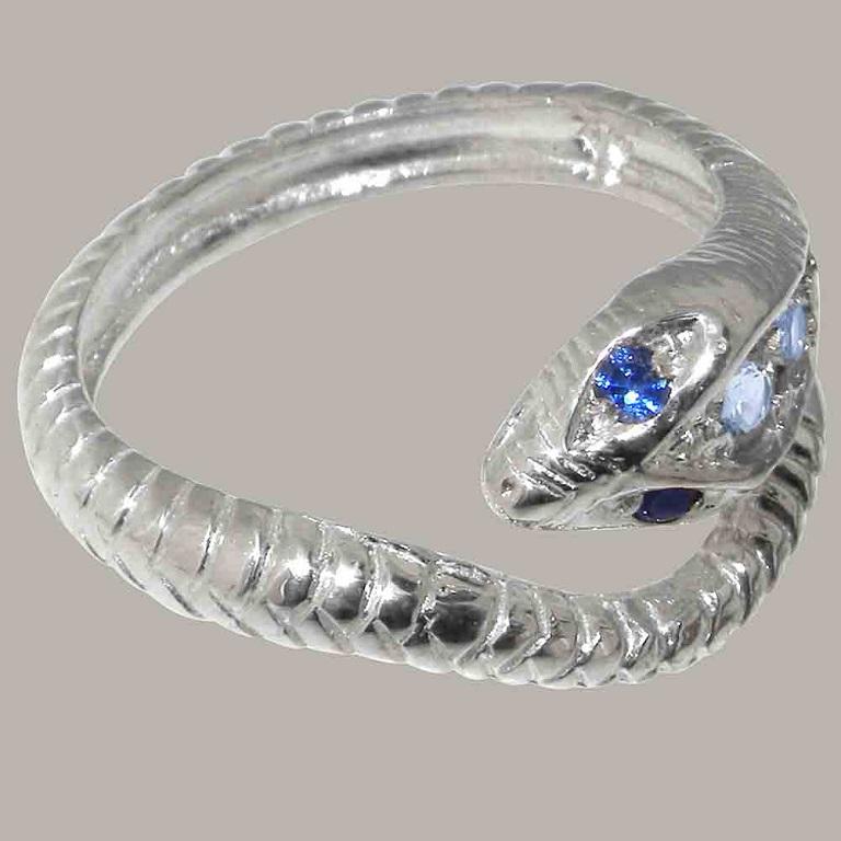 For Sale:  9K White Gold Natural Aquamarine & Sapphire Womens Band Snake Ring Customizable 4