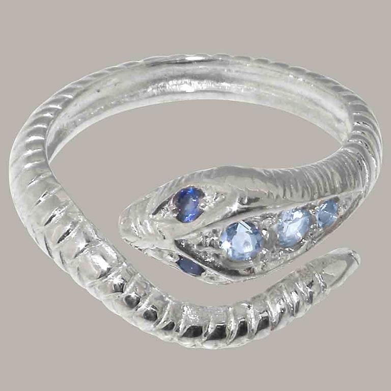 For Sale:  9K White Gold Natural Aquamarine & Sapphire Womens Band Snake Ring Customizable 5