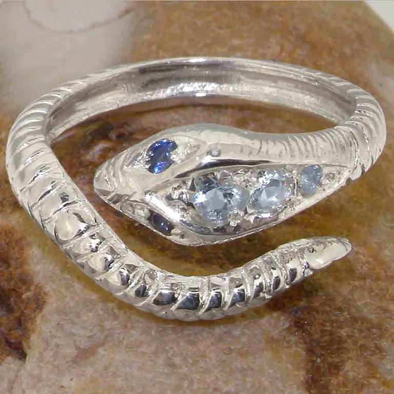 For Sale:  9K White Gold Natural Aquamarine & Sapphire Womens Band Snake Ring Customizable 6