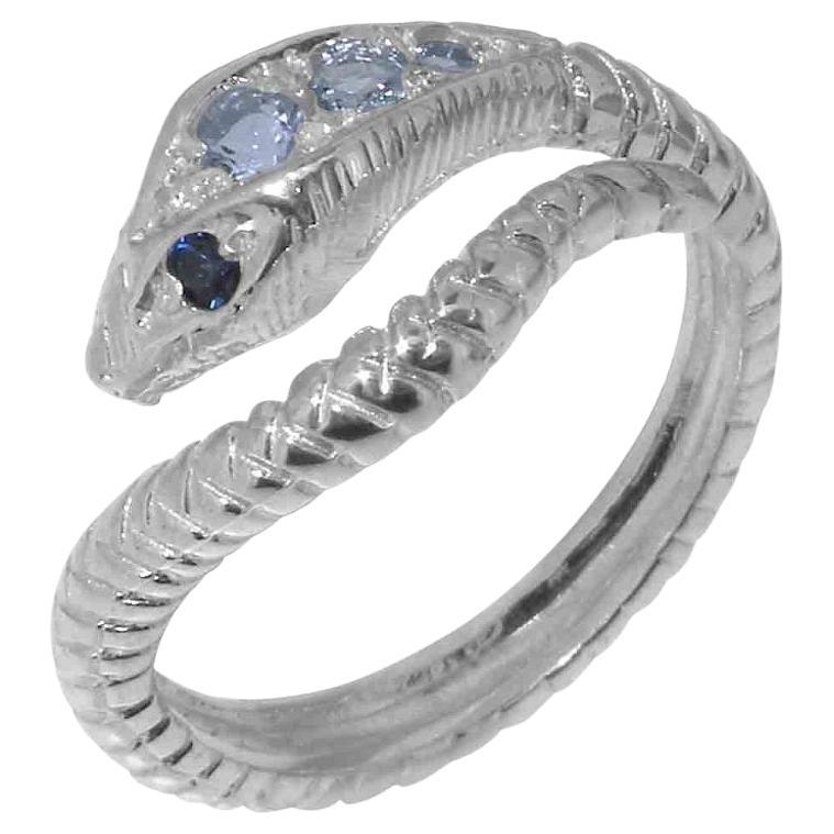 Bague serpent en or blanc 9 carats, aigue-marine naturelle et saphir, pour femme, personnalisable