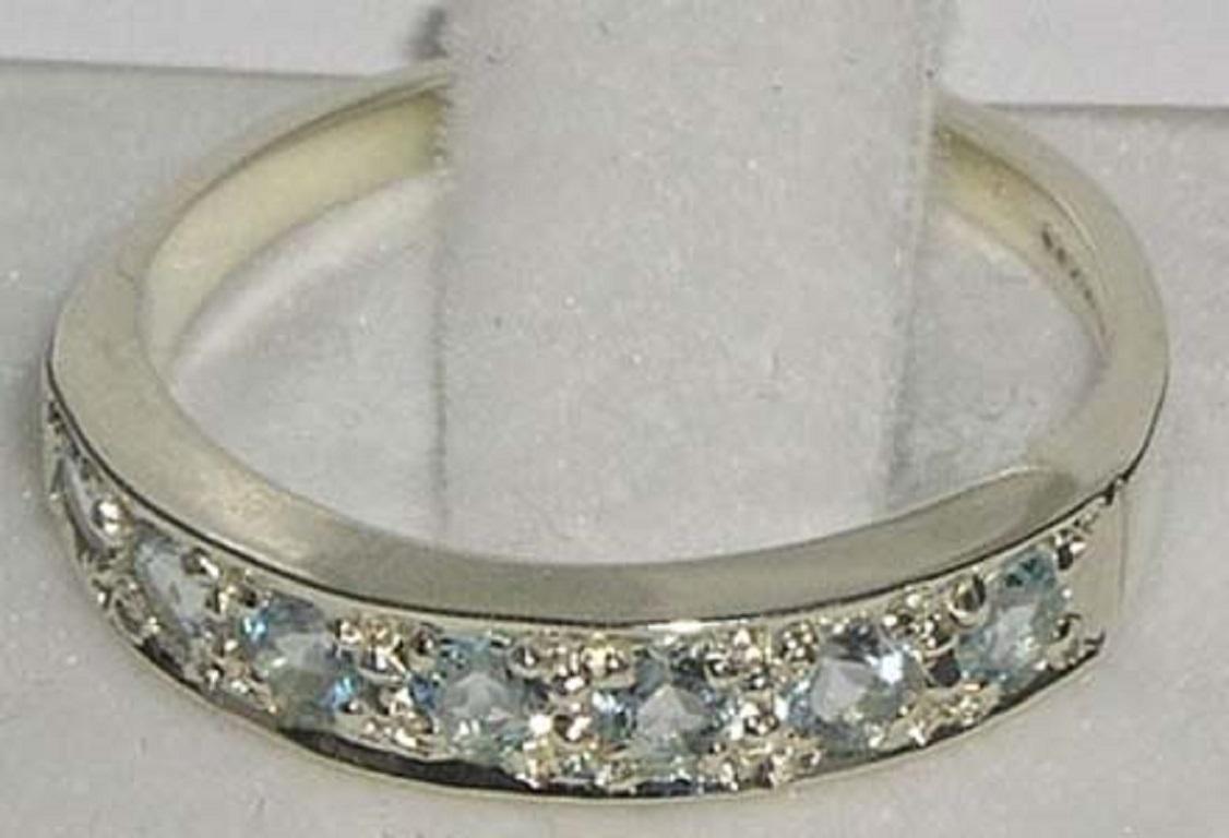 For Sale:  9k White Gold Natural Aquamarine Seven Stone Eternity Ring Customizable 4