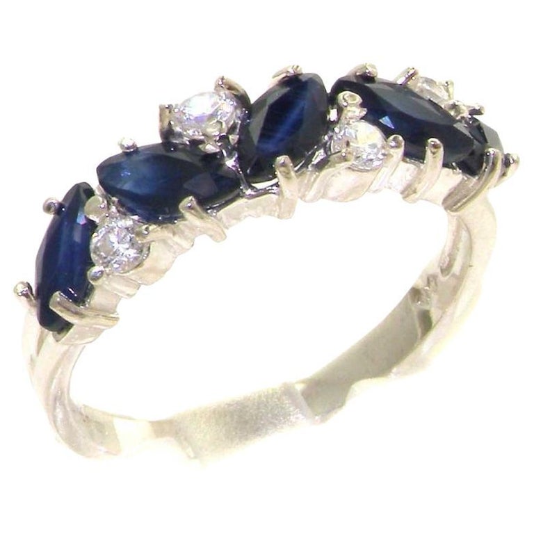 9ct White Gold Seven Stone Diamond And Blue Sapphire Ring