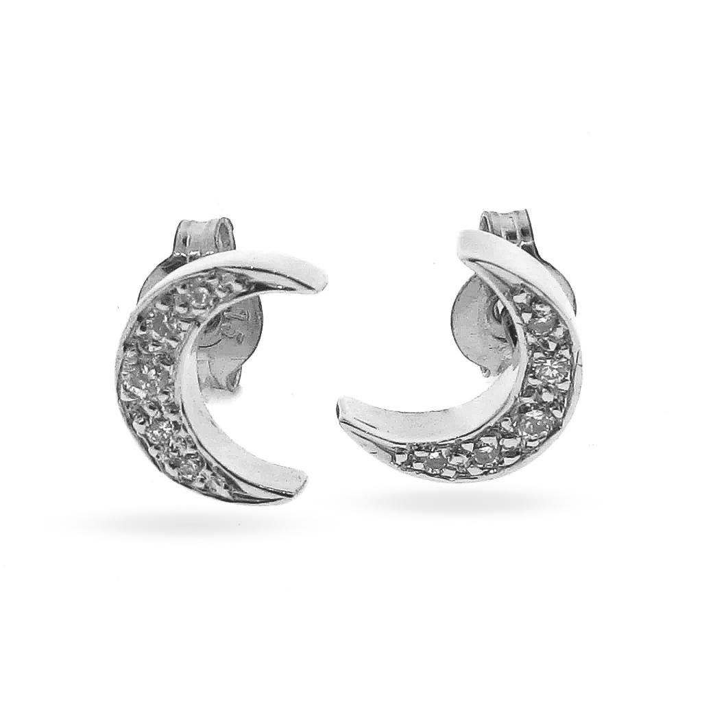 Contemporary 9k White Gold Natural Diamond Crescent Moon Studs For Sale