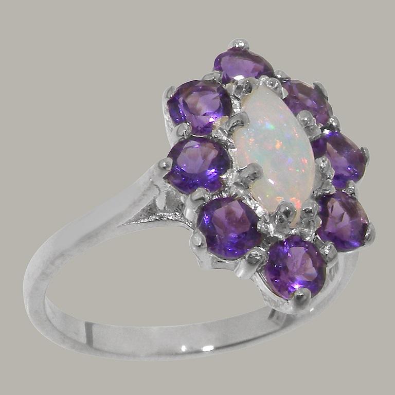 For Sale:  9K White Gold Natural Marquise Colourful Opal & Amethyst Cluster Flower Ring 2