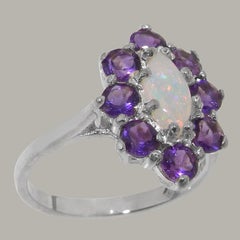 9K White Gold Natural Marquise Colourful Opal & Amethyst Cluster Flower Ring