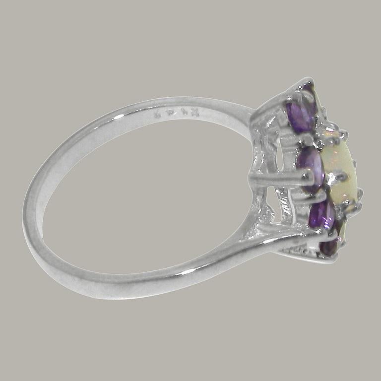 For Sale:  9K White Gold Natural Marquise Colourful Opal & Amethyst Cluster Flower Ring 4