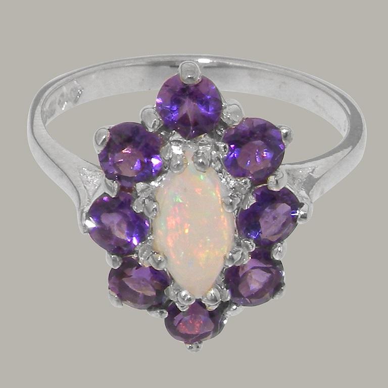 For Sale:  9K White Gold Natural Marquise Colourful Opal & Amethyst Cluster Flower Ring 5