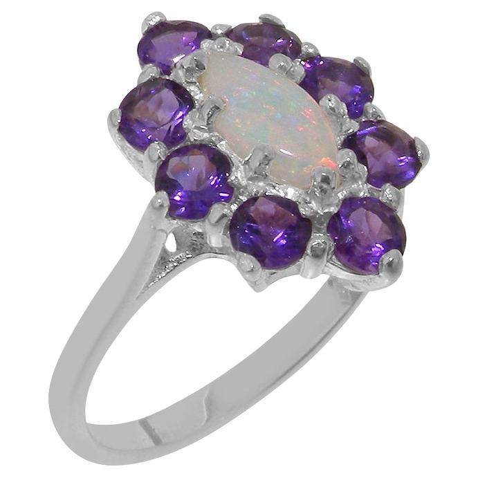 9K White Gold Natural Marquise Colourful Opal & Amethyst Cluster Flower Ring