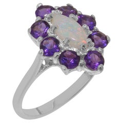 9K White Gold Natural Marquise Colourful Opal & Amethyst Cluster Flower Ring