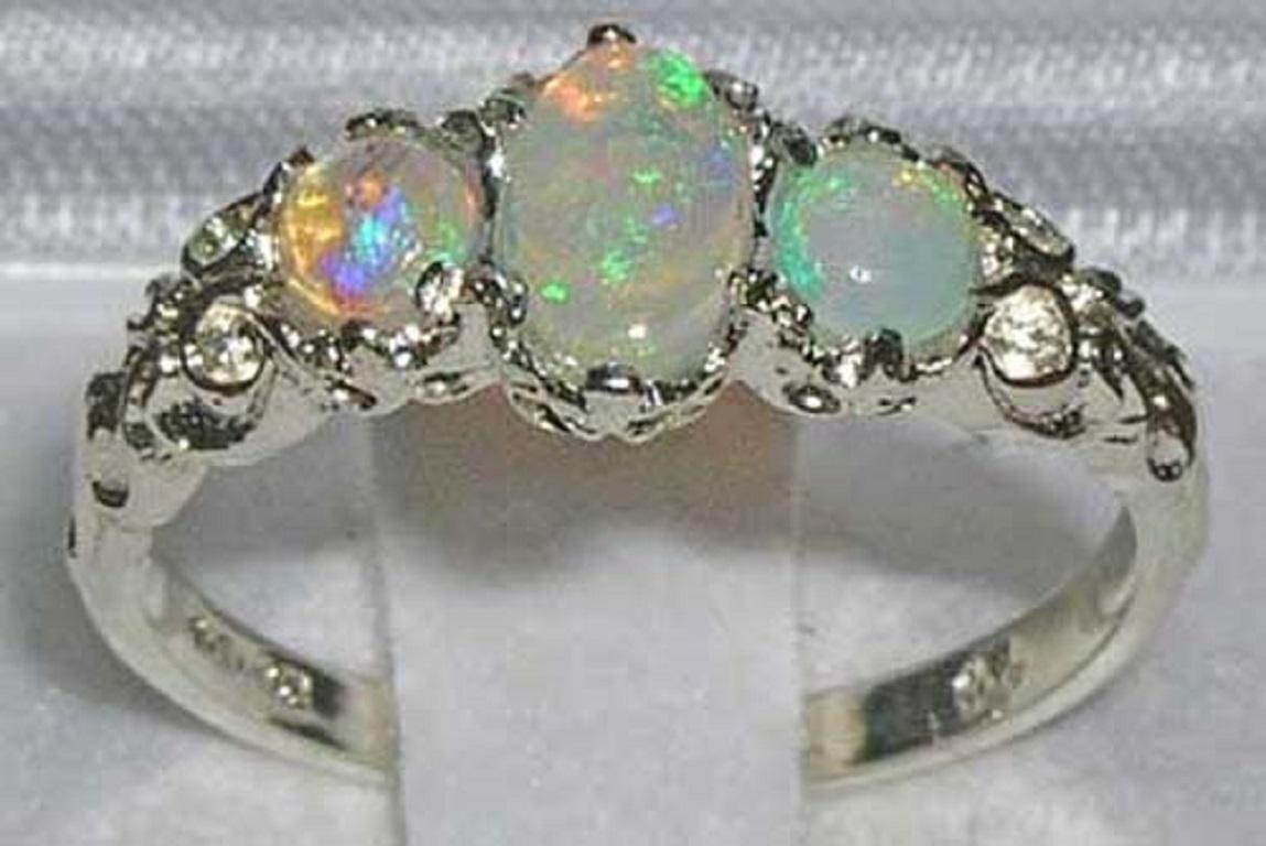 For Sale:  9K White Gold Natural Opal Victorian Trilogy Ring Customizable 2