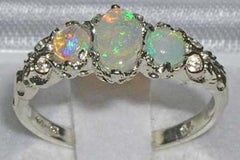 9K White Gold Natural Opal Victorian Trilogy Ring Customizable