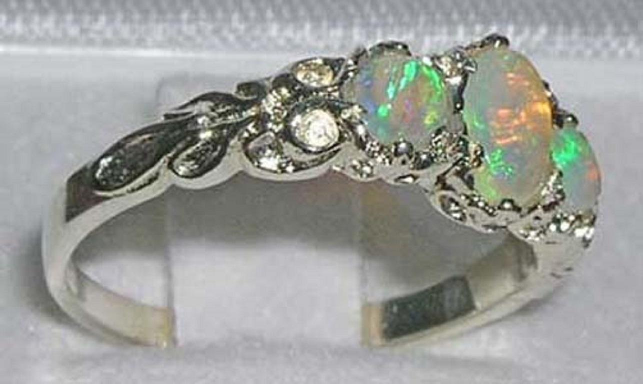 For Sale:  9K White Gold Natural Opal Victorian Trilogy Ring Customizable 3