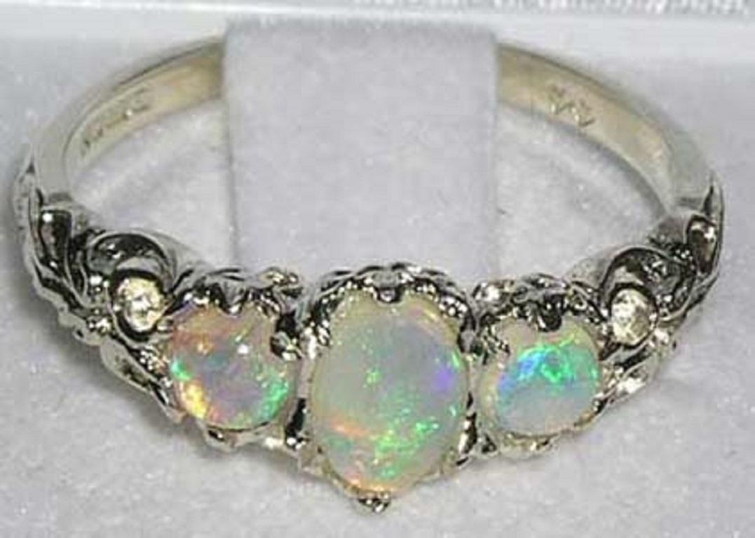 For Sale:  9K White Gold Natural Opal Victorian Trilogy Ring Customizable 4