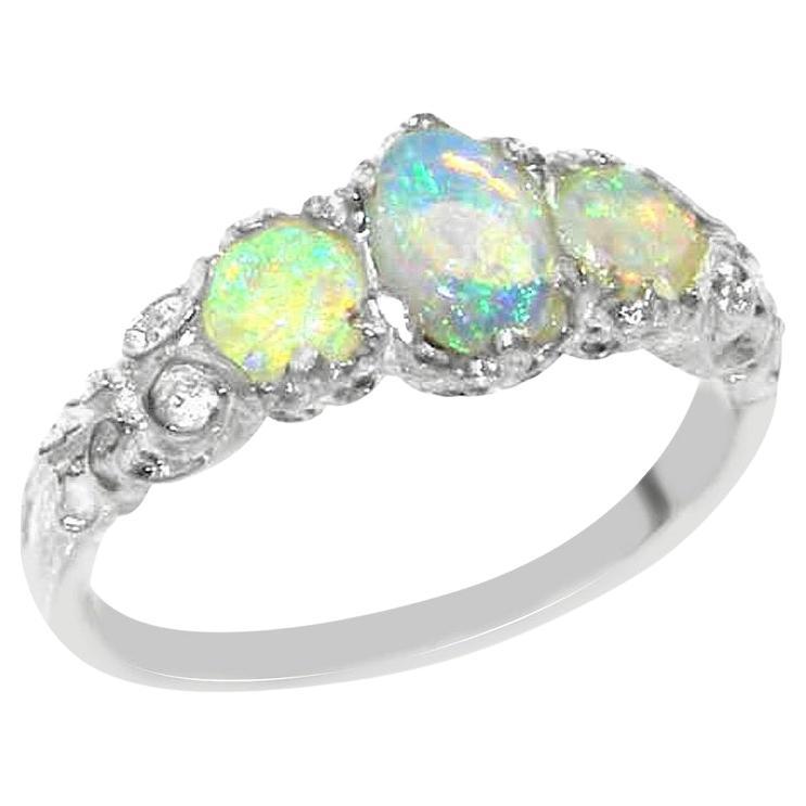 9K White Gold Natural Opal Victorian Trilogy Ring Customizable