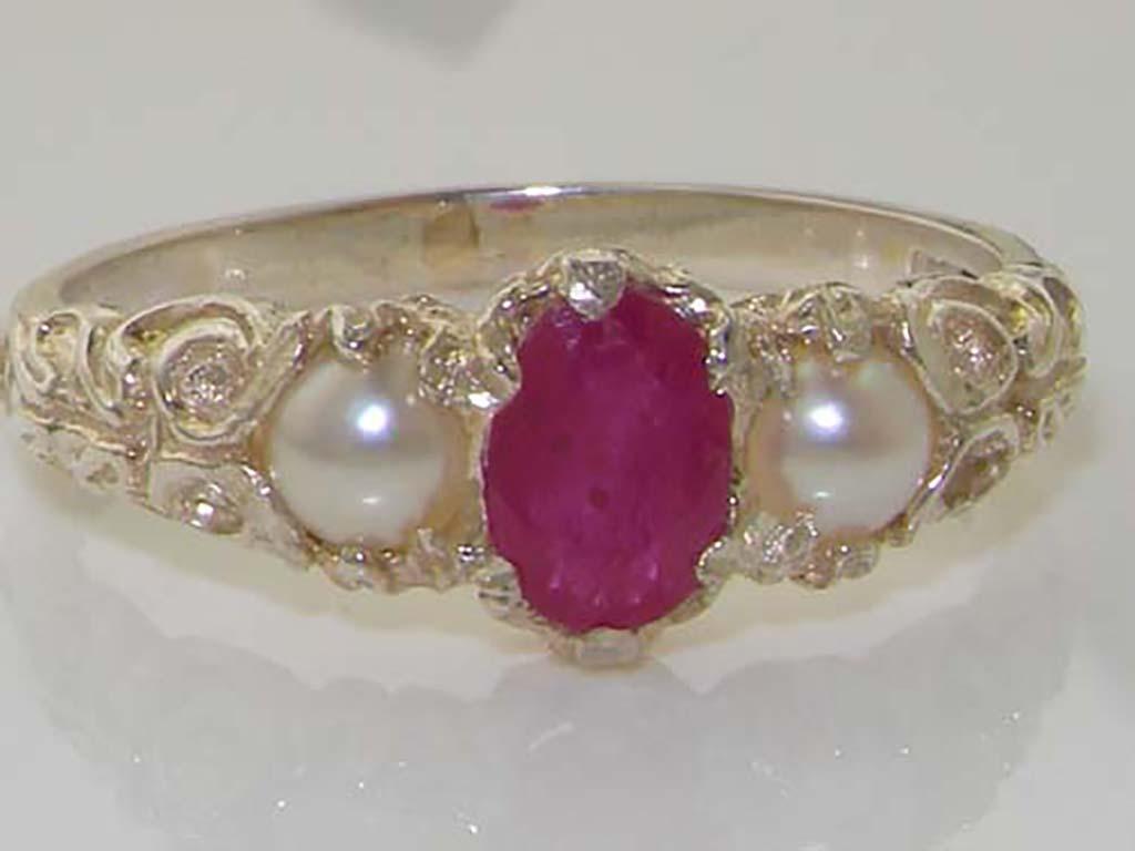 For Sale:  Solid 9K White Gold Natural Ruby & Pearl Victorian Trilogy Band Ring 2