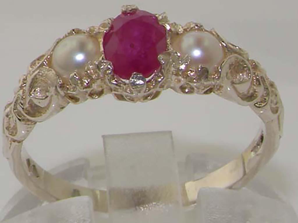 For Sale:  Solid 9K White Gold Natural Ruby & Pearl Victorian Trilogy Band Ring 3