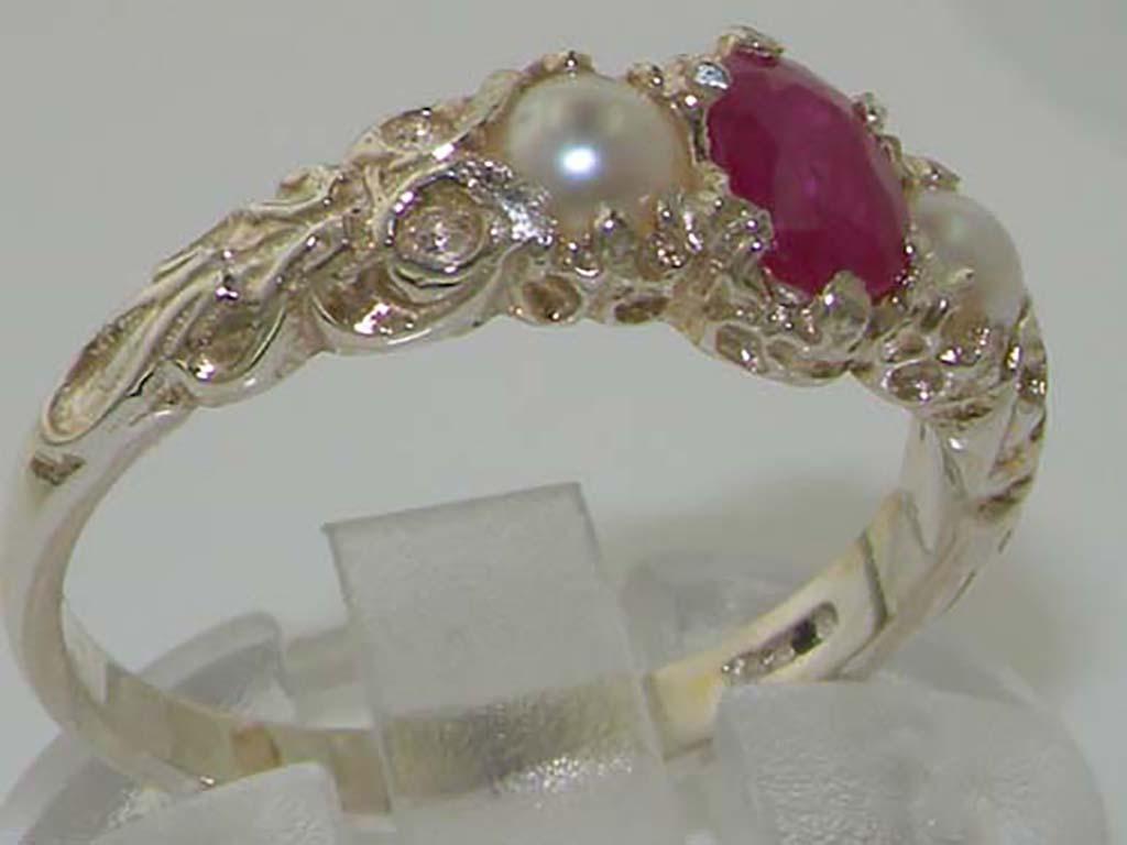 For Sale:  Solid 9K White Gold Natural Ruby & Pearl Victorian Trilogy Band Ring 4