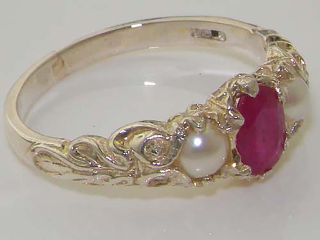 For Sale:  Solid 9K White Gold Natural Ruby & Pearl Victorian Trilogy Band Ring 5