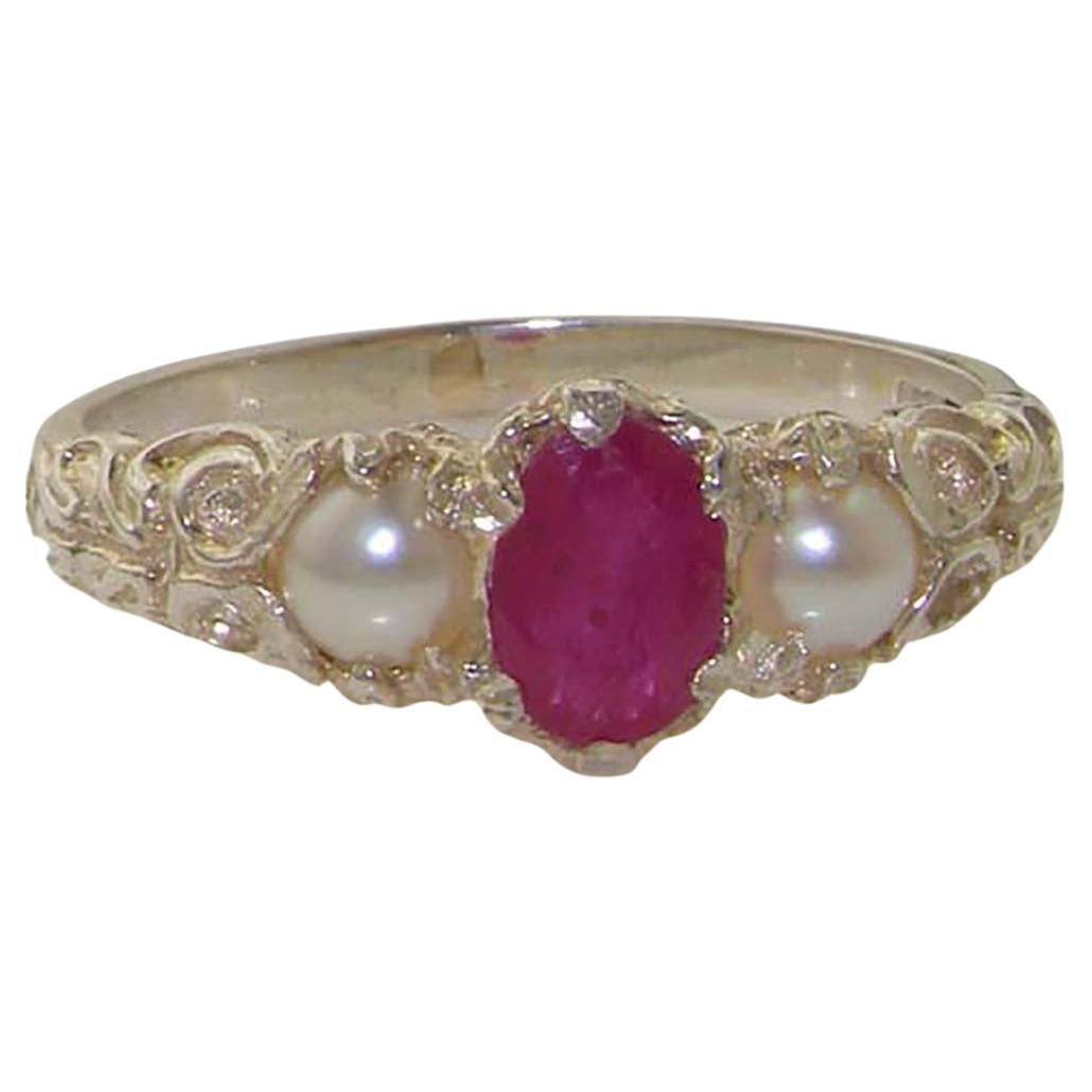 For Sale:  Solid 9K White Gold Natural Ruby & Pearl Victorian Trilogy Band Ring