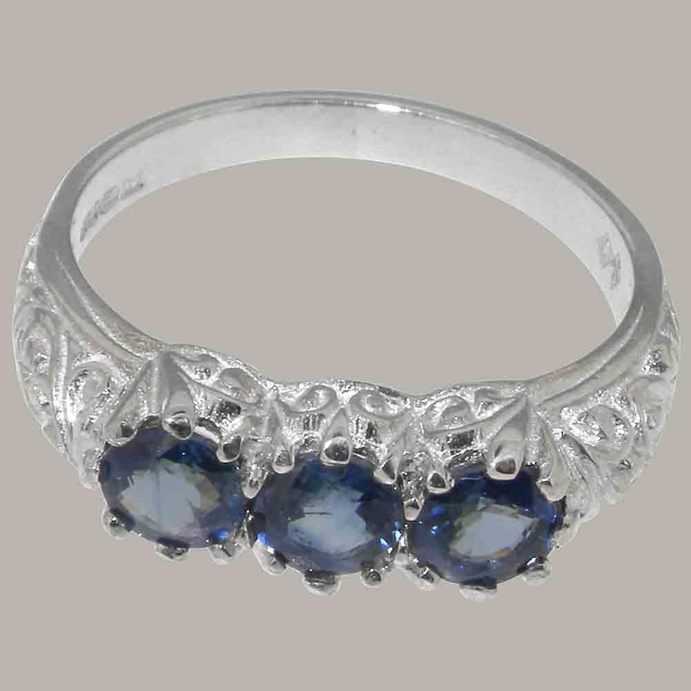 For Sale:  Solid 9K White Gold Natural Sapphire Womens Trilogy Ring 6