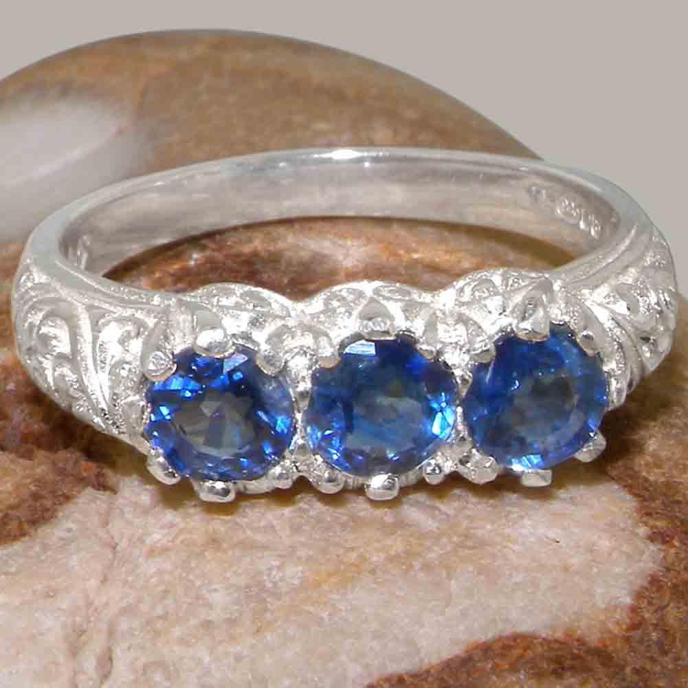 For Sale:  Solid 9K White Gold Natural Sapphire Womens Trilogy Ring 7