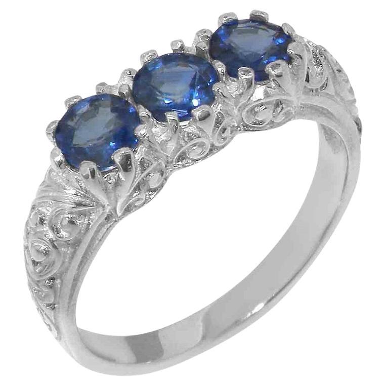 For Sale:  Solid 9K White Gold Natural Sapphire Womens Trilogy Ring