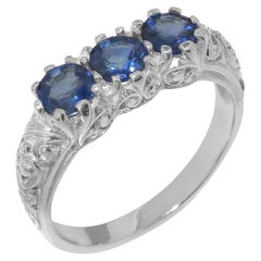 Solid 9K White Gold Natural Sapphire Womens Trilogy Ring
