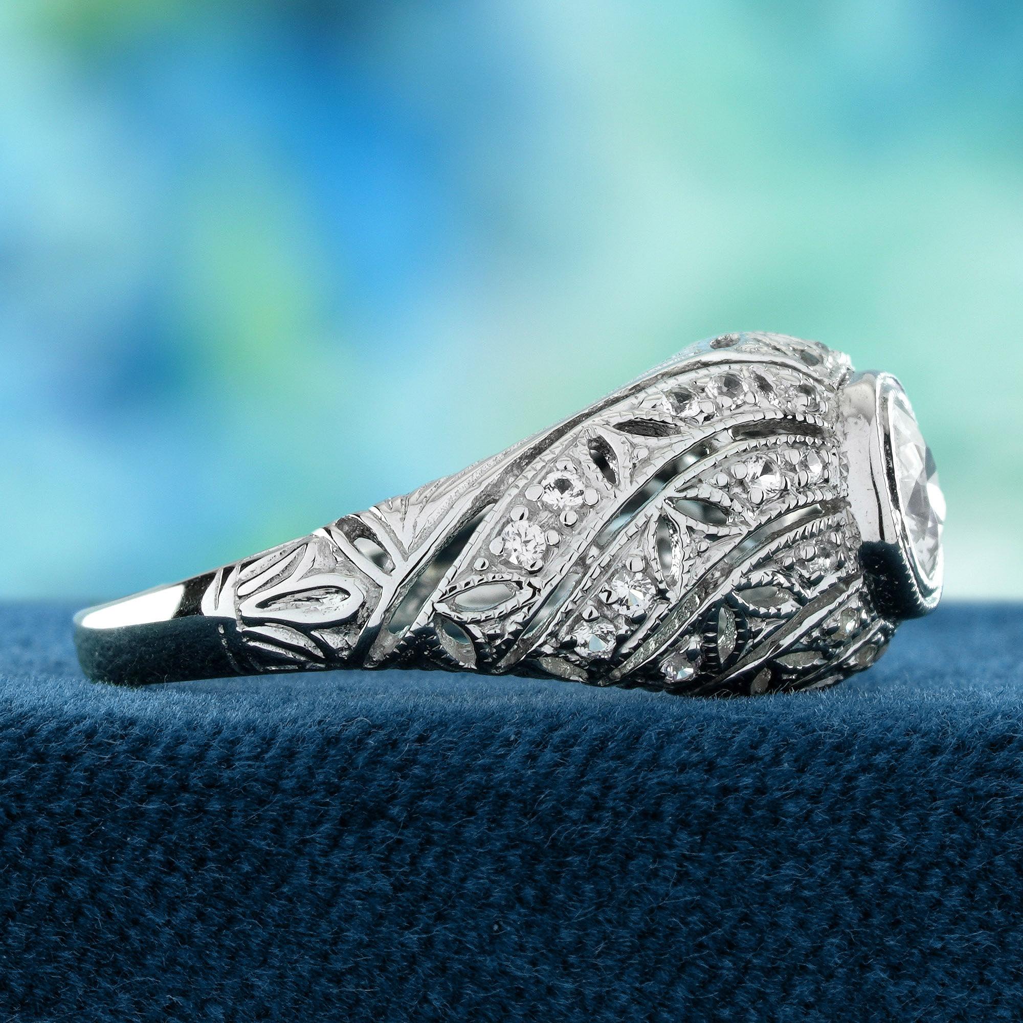 9K Weißgold Natürlicher Weißer Saphir Vintage Styler Kuppel Ring (Rundschliff) im Angebot