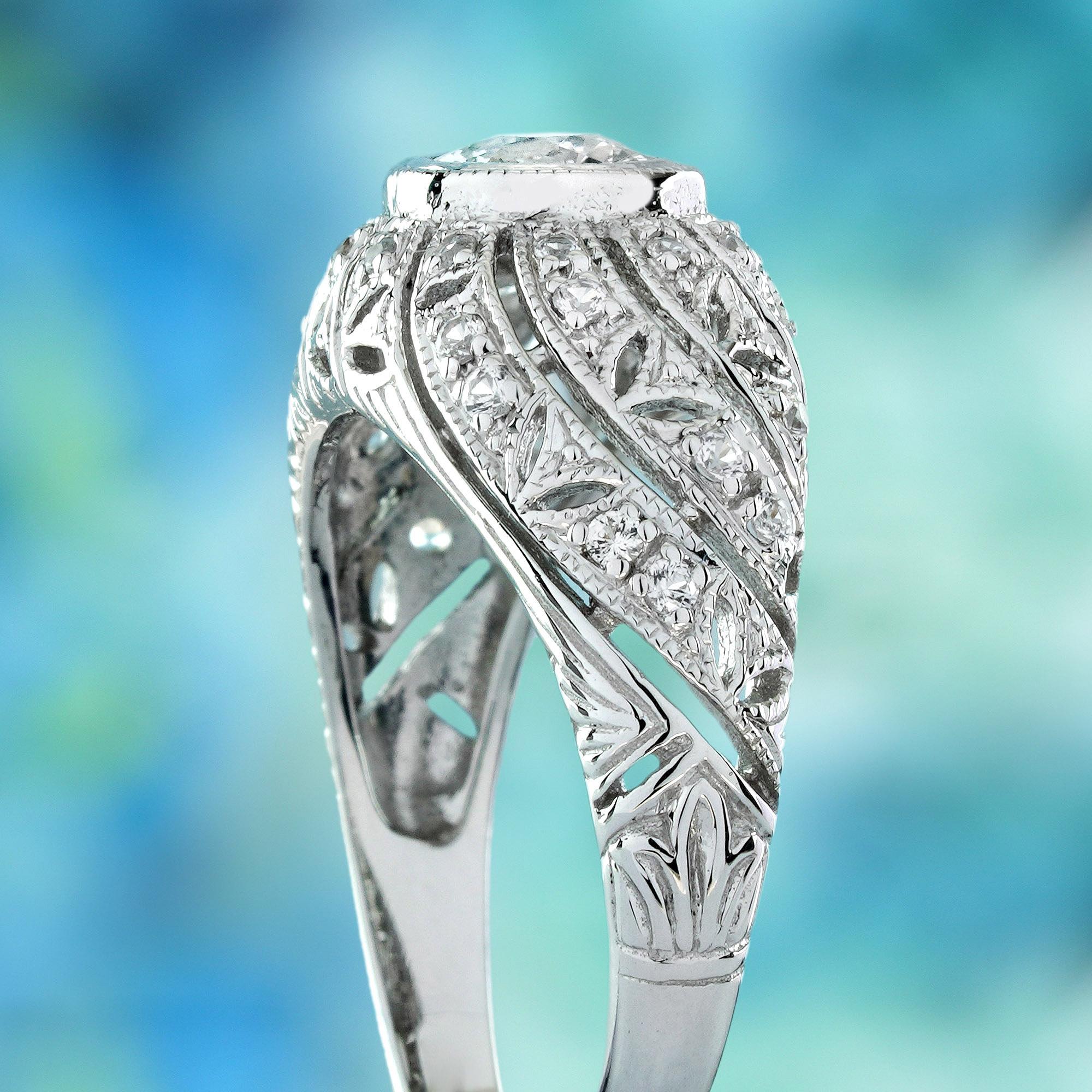 9K Weißgold Natürlicher Weißer Saphir Vintage Styler Kuppel Ring Damen im Angebot